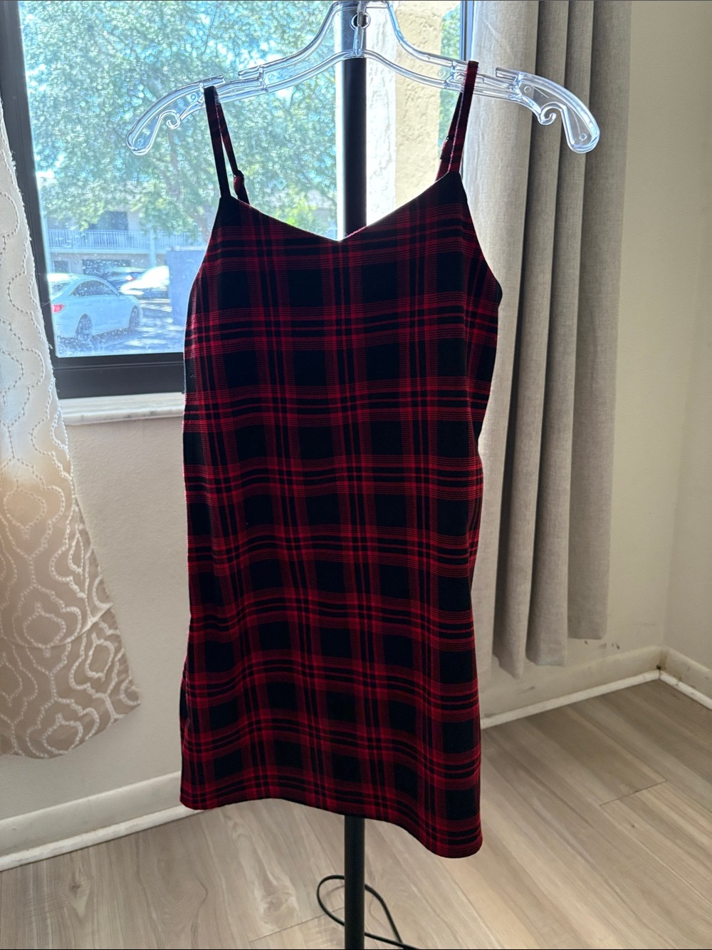 art class Red and Black Plaid Slip Dress with Spaghetti Straps